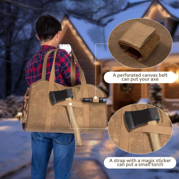 AGUTIUN Firewood Log Carrier Waxed Canvas Wood Tote Carrying Bag for Fireplace or Camping (Khaki) - Image 3