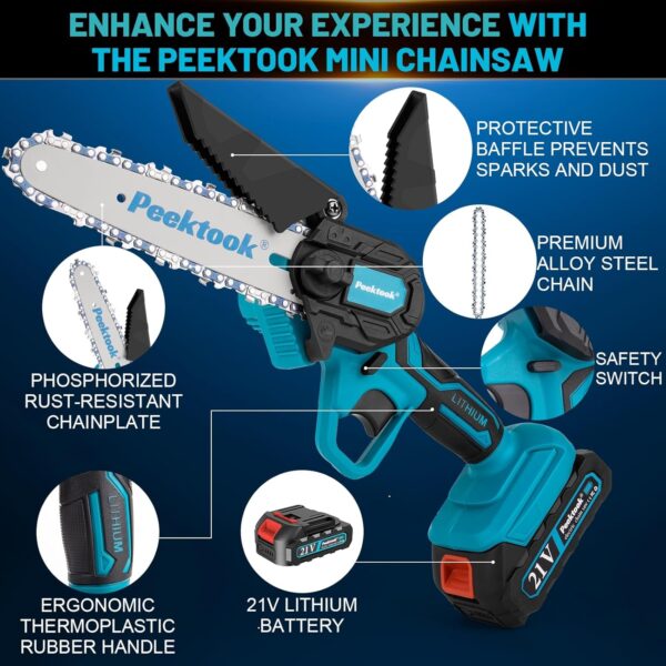 Peektook Mini Chainsaw Cordless 6-Inch, Electric Chainsaw Chain Saw with 2 Large Battery and 2 Chains, scie à chaîe à batterie Light Weight Battery Chainsaw with Powerful Motor for Tree Trimming - Image 3