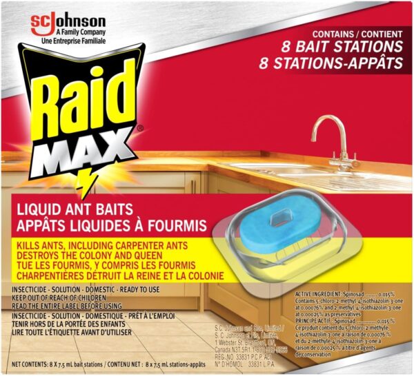 Raid Max Double Control Liquid Ant Killer Baits and Traps, Kills Ants Where They Breed, For Indoor Use, Child Resistant, 8 Bait Stations
