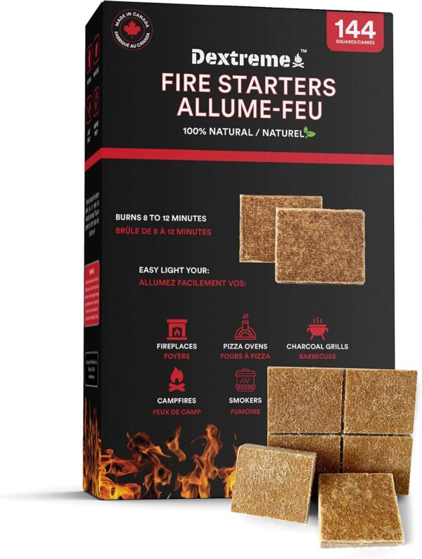 Dextreme Fire Starter Pack of 144 Natural Fire starters Cubes for Wood Stoves, Campfires, BBQ, Grill Pit, Fireplace, Charcoal, Smokers and Camping - Easy to Ignite, Non Toxic, Made in Canada from Wood Fiber and Wax
