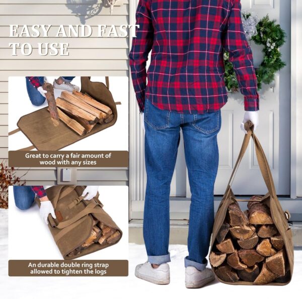 AGUTIUN Firewood Log Carrier Waxed Canvas Wood Tote Carrying Bag for Fireplace or Camping (Khaki) - Image 4