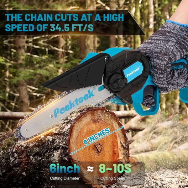 Peektook Mini Chainsaw Cordless 6-Inch, Electric Chainsaw Chain Saw with 2 Large Battery and 2 Chains, scie à chaîe à batterie Light Weight Battery Chainsaw with Powerful Motor for Tree Trimming - Image 2